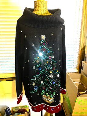 Vintage B.P. DESIGN Beaded Christmas Tree Cowl-Neck Sweater.  Size L